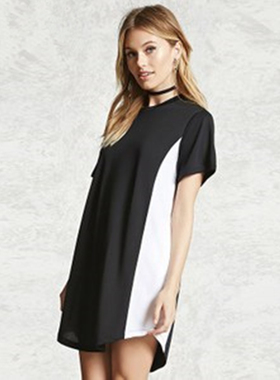 F21系列正品A-16-8-1-2短袖拼色宽松短裙夏连衣裙225689