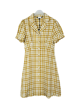 拉系列专柜正品小清新格子翻领高腰短袖修身通勤连衣裙夏1T0B3004