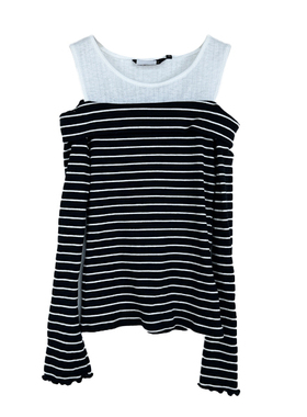 拉系列专柜正品休闲个性露肩假两件条纹修身T恤女春秋1T000709