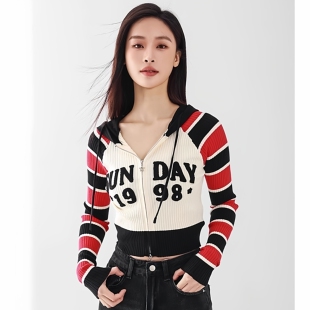 针织开衫 女春秋短外套BXC61001 连帽撞色修身 Mixblu麦斯兰专柜正品