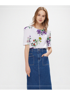 cache专柜正品田园风印花圆领短袖绑带直筒白衬衫女夏9407004