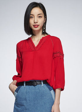 镂空宽松做旧七分袖做皱衬衫女夏