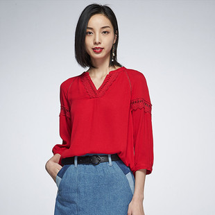 包邮艾格伊品通勤V领做皱中长款宽松七分袖春秋夏衬衫女8E0114098