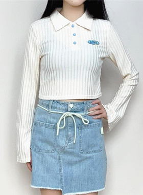 包邮cache专柜正品夏日多巴胺翻领长袖露腰短款T恤春秋女 7619006