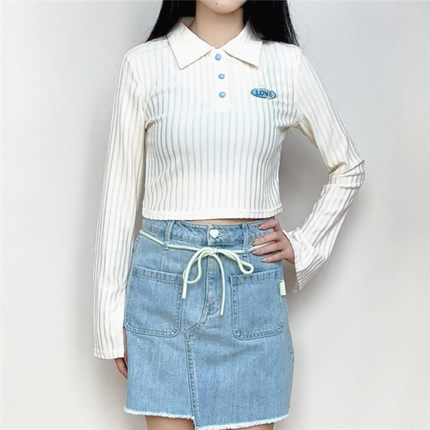 包邮cache专柜正品夏日多巴胺翻领长袖露腰短款T恤春秋女 7619006