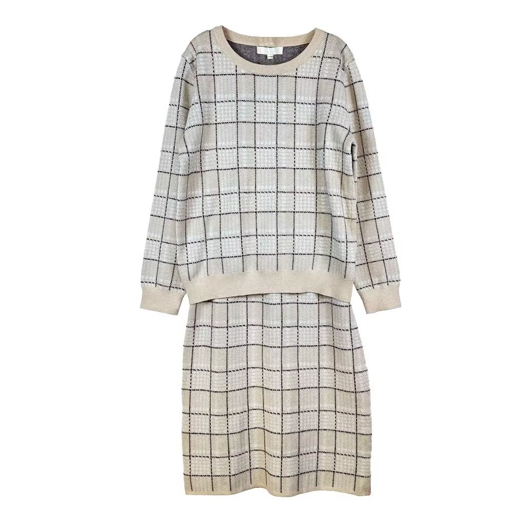 拉系列专柜正品格子圆领长袖毛衣针织中裙两件套装女春秋60009314