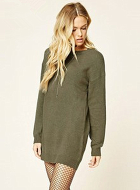 F21正品百搭纯色圆领长袖宽松针织连衣裙中长款加厚毛衣女 234066