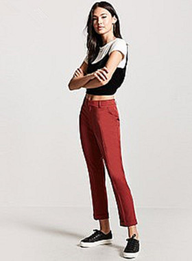 包邮F21专柜正品百搭纯色通勤显瘦高腰卷边休闲长裤女春秋 160143