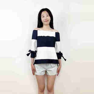 包邮拉系列女装正品减龄拼接绑带圆领露肩宽松衬衫女81412091