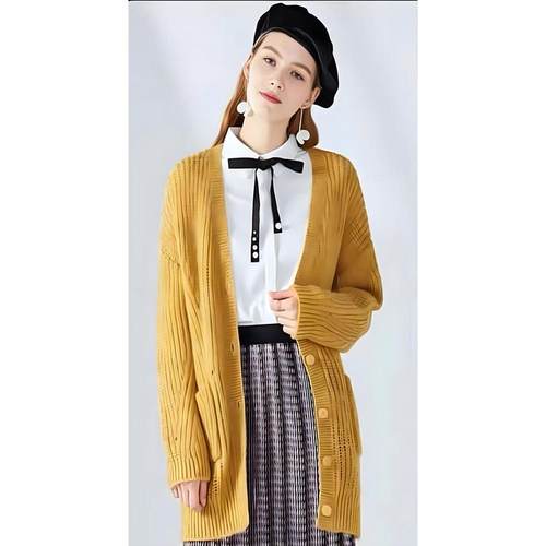 针织开衫含绵羊毛毛衣V领