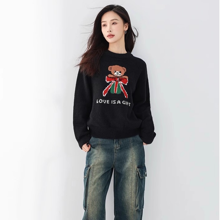 Mixblu麦斯兰专柜正品卡通长毛衣圆领内加绒针织衫女秋冬WXC61904