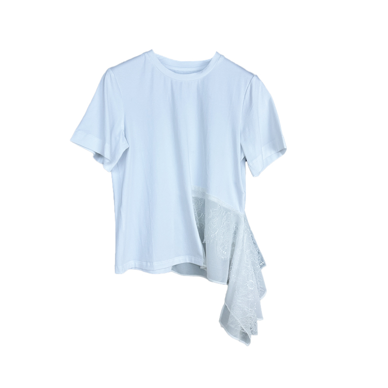 拉系列专柜正品休闲个性圆领短袖纯色蕾丝拼接T恤女夏91213058