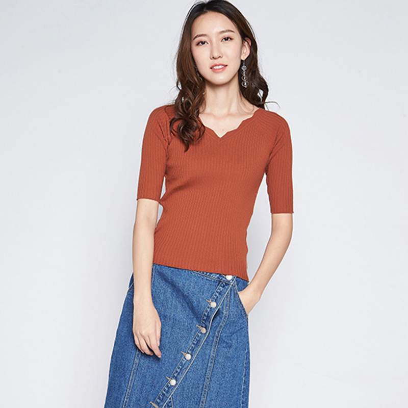 包邮艾格伊品正品绑带蝴蝶结修身V领中袖针织T恤衫女夏 8E0217024