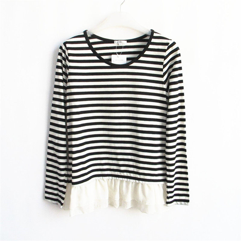 好俪姿honeys专柜正品A-10-1-1-2圆领长袖条纹花边女T恤617110274