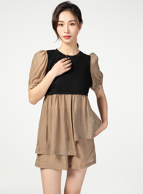 Mixblu麦斯兰专柜正品拼接圆领短袖不对称短裤两件套装女BX433003