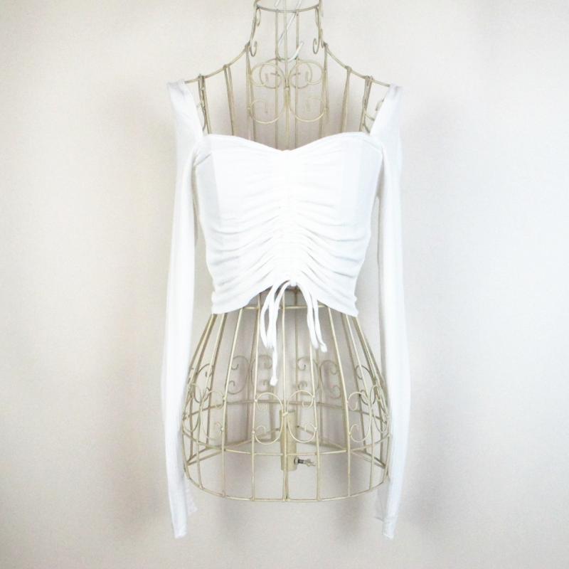 F21系列专柜正品A-3-7-3-1方领抽绳短款长袖T恤女 246067