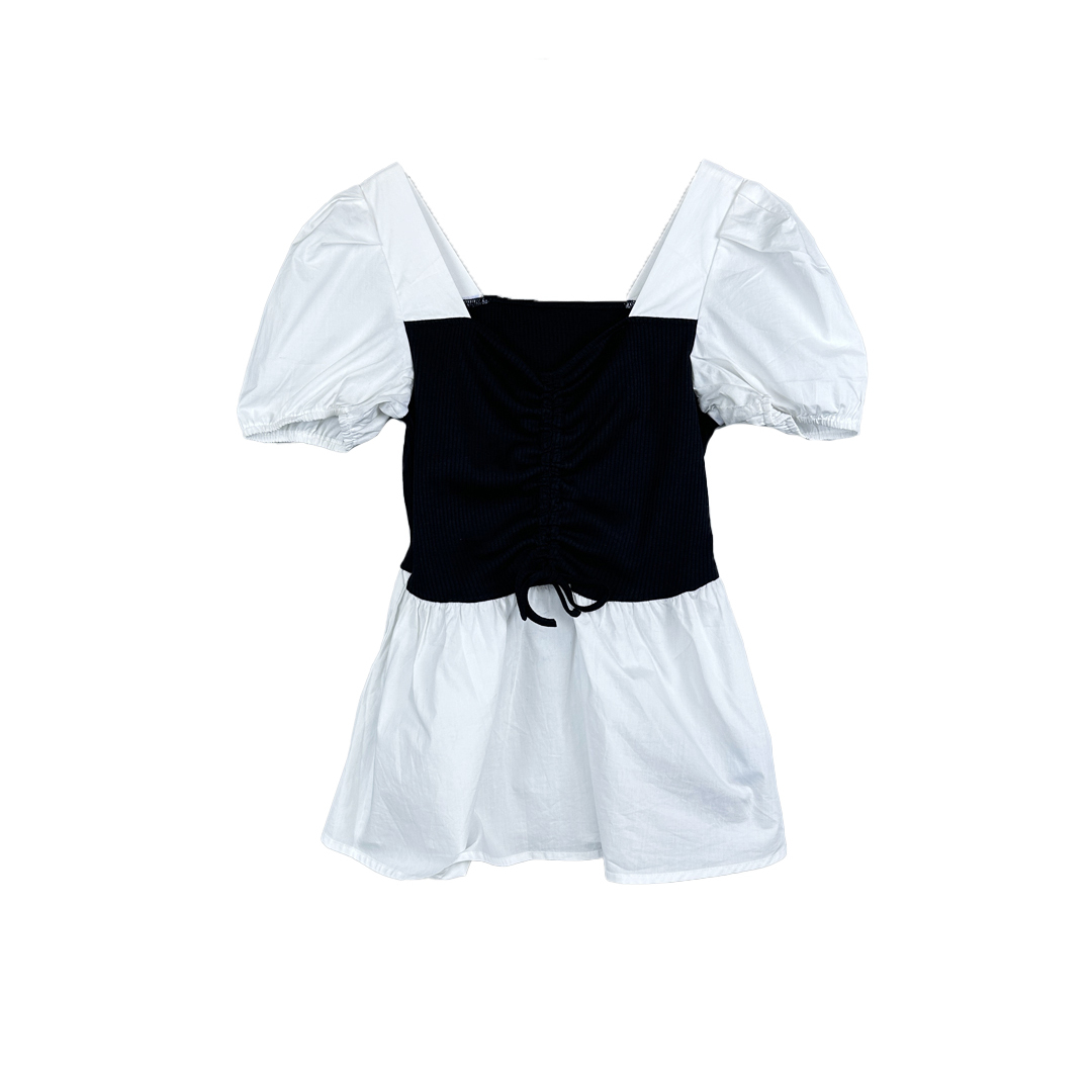 Mixblu麥斯蘭專柜正品復(fù)古V領(lǐng)泡泡袖全棉假兩件襯衫女夏 WX428179