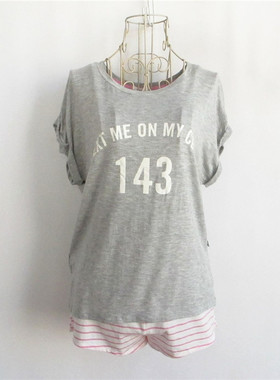 F21正品A-17-5-2-3T恤短裤夏女两件套睡衣套装221602