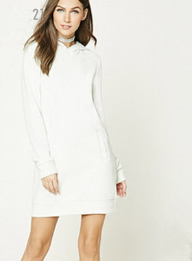 F21正品休闲运动连帽棉质中长款卫衣连衣裙春 250096