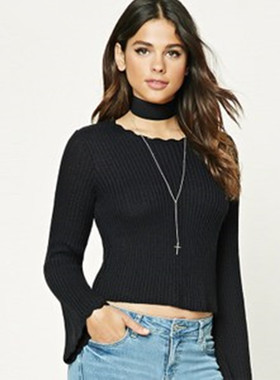 F21美国潮牌专柜正品花边圆领喇叭袖短毛衣厚针织衫女春秋 201613