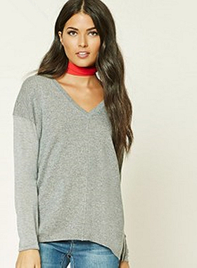 F21系列专柜正品休闲慵懒纯色V领落肩针织衫宽松秋冬毛衣女194369