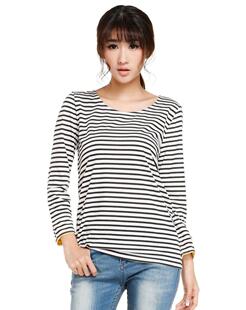 艾格伊品女装百搭条纹圆领宽松可卷袖春夏秋T恤130228586
