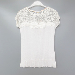 修身 百搭纯色性感透视圆领短袖 艾格伊品正品 T恤女夏130128181 包邮