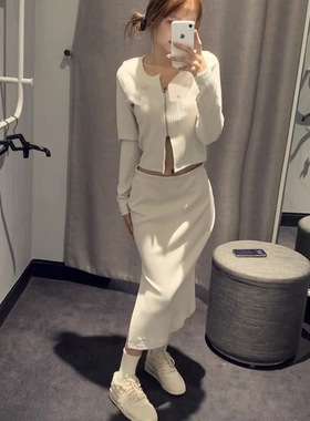 佳佳奥莱耐克女生半身裙高腰螺纹开衩针织灯芯绒弹力裙子FQ1637