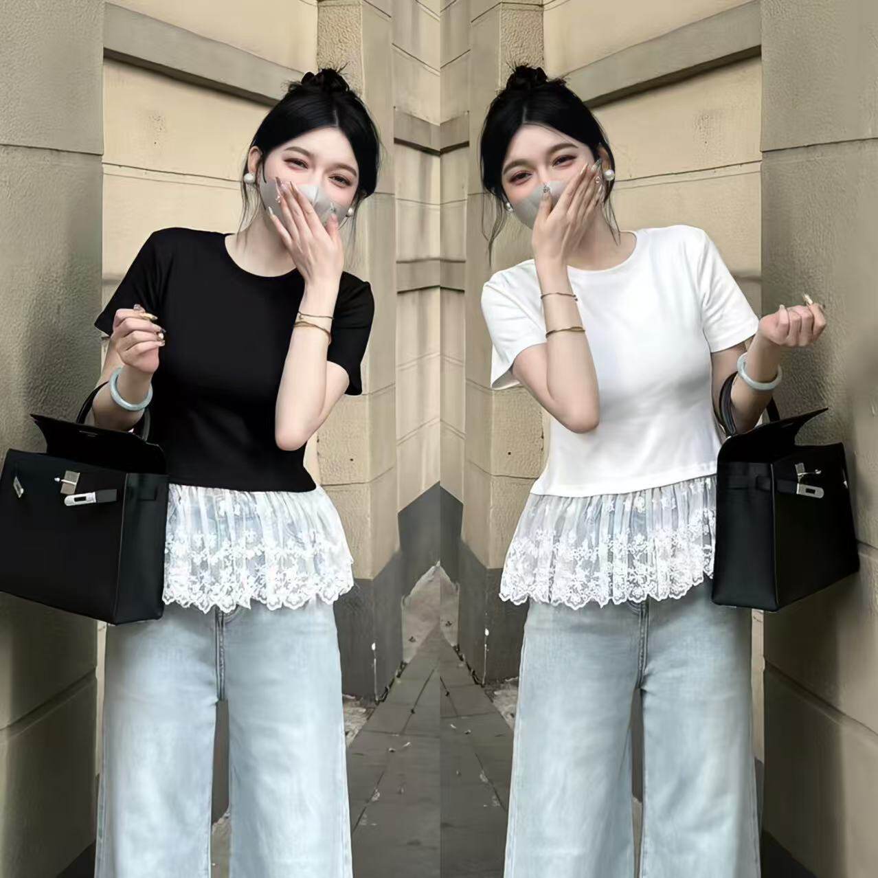 欧货蕾丝拼接短袖T恤女2025春夏新款法式芭蕾风洋气减龄别致上衣