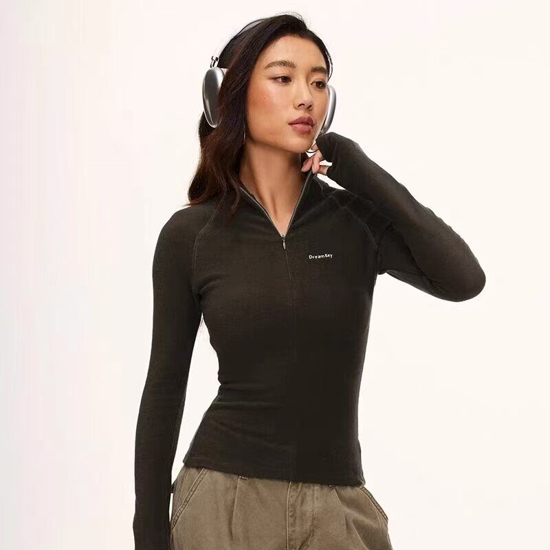 美式辣妹德绒加厚保暖高领卫衣T恤女冬修身拉链内搭打底上衣外穿