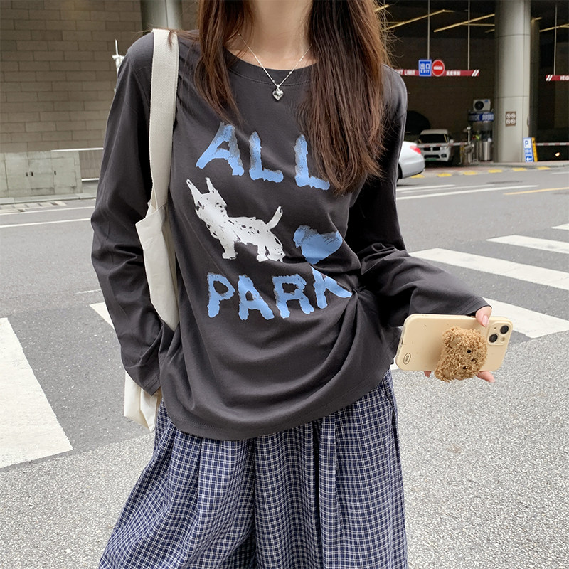 2025春季新款长袖T恤女李智恩同款涂鸦小狗印花宽松慵懒百搭上衣
