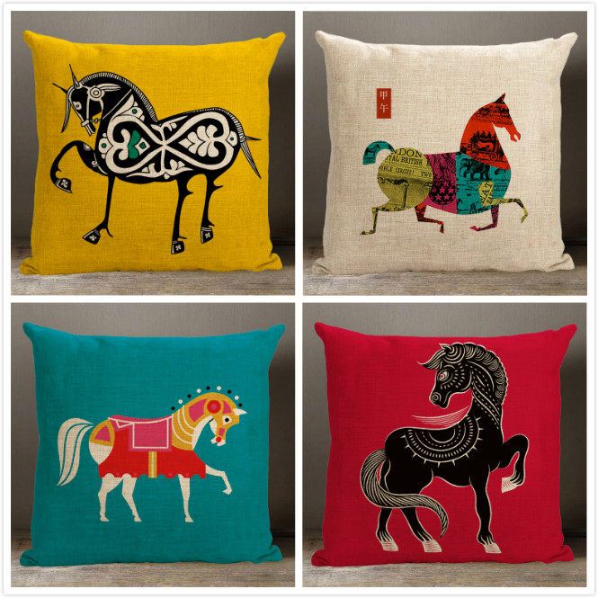 彩色马图案中式包边文艺个性复古办公靠枕套汽车沙发靠垫棉麻抱枕