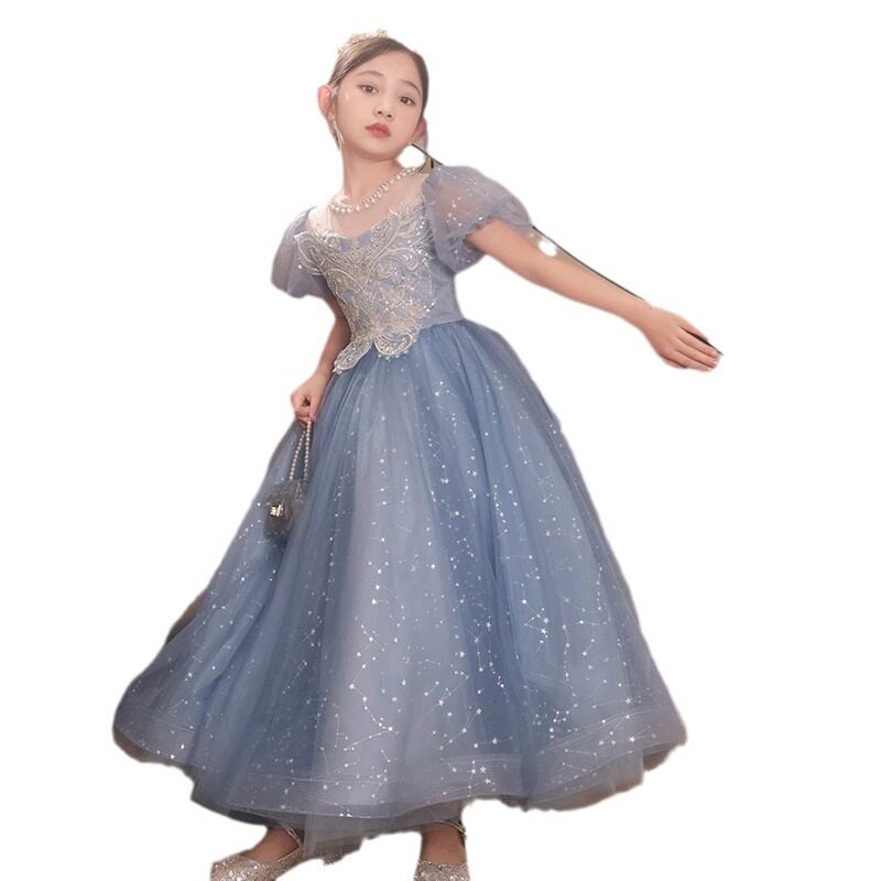 大码加肥蓝色主持人女童礼服2026生日泡泡袖公主裙走秀钢琴演出服