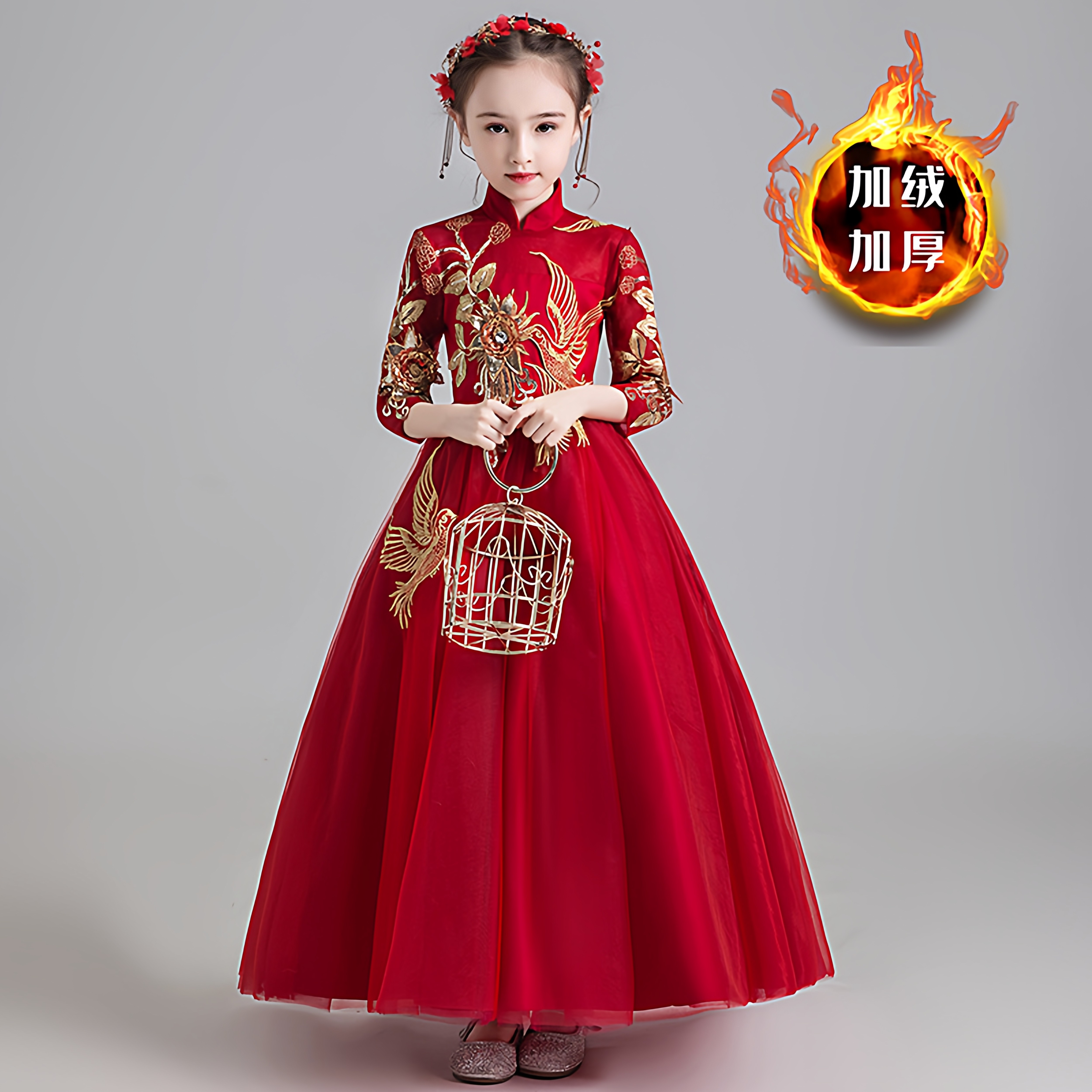 加肥加大礼服女童红色秋冬生日公主裙加厚蓬蓬纱主持人钢琴演出服