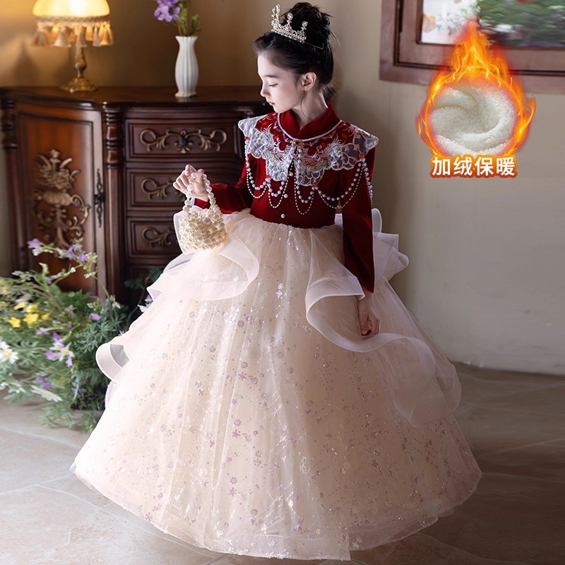 中国风加肥加大码礼服大童生日公主裙加绒加厚婚礼女孩钢琴演出服