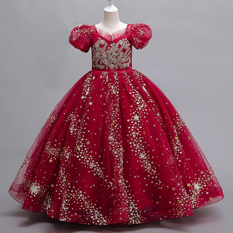 女大童大码礼服花童婚纱红色公主裙生日亮片绿色连衣裙钢琴演出服