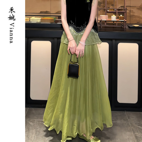 松紧腰流光纱A字半身长裙