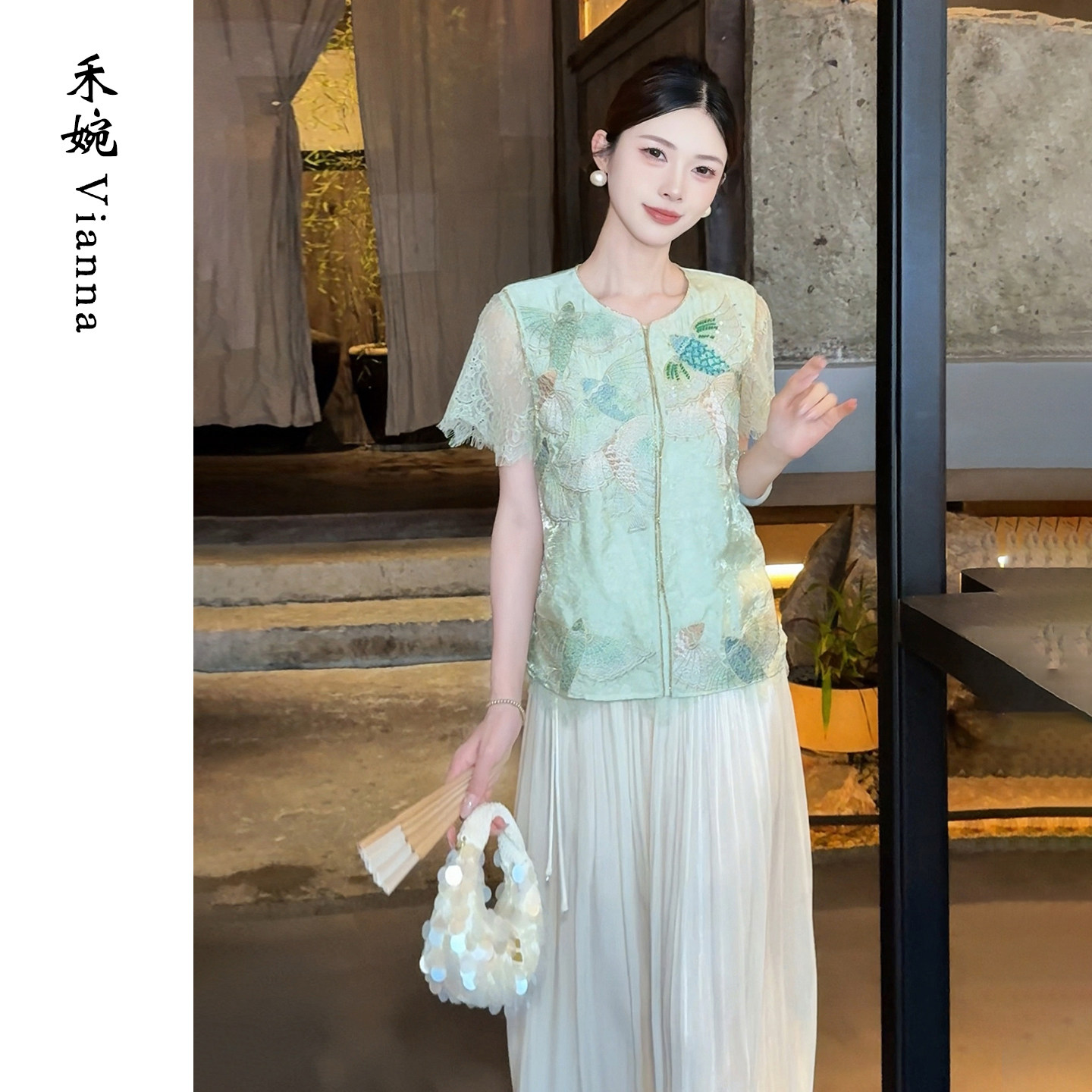 禾婉【碧波锦鲤】“人丝”马甲女夏日晴水绿·纯手工钉珠·上衣