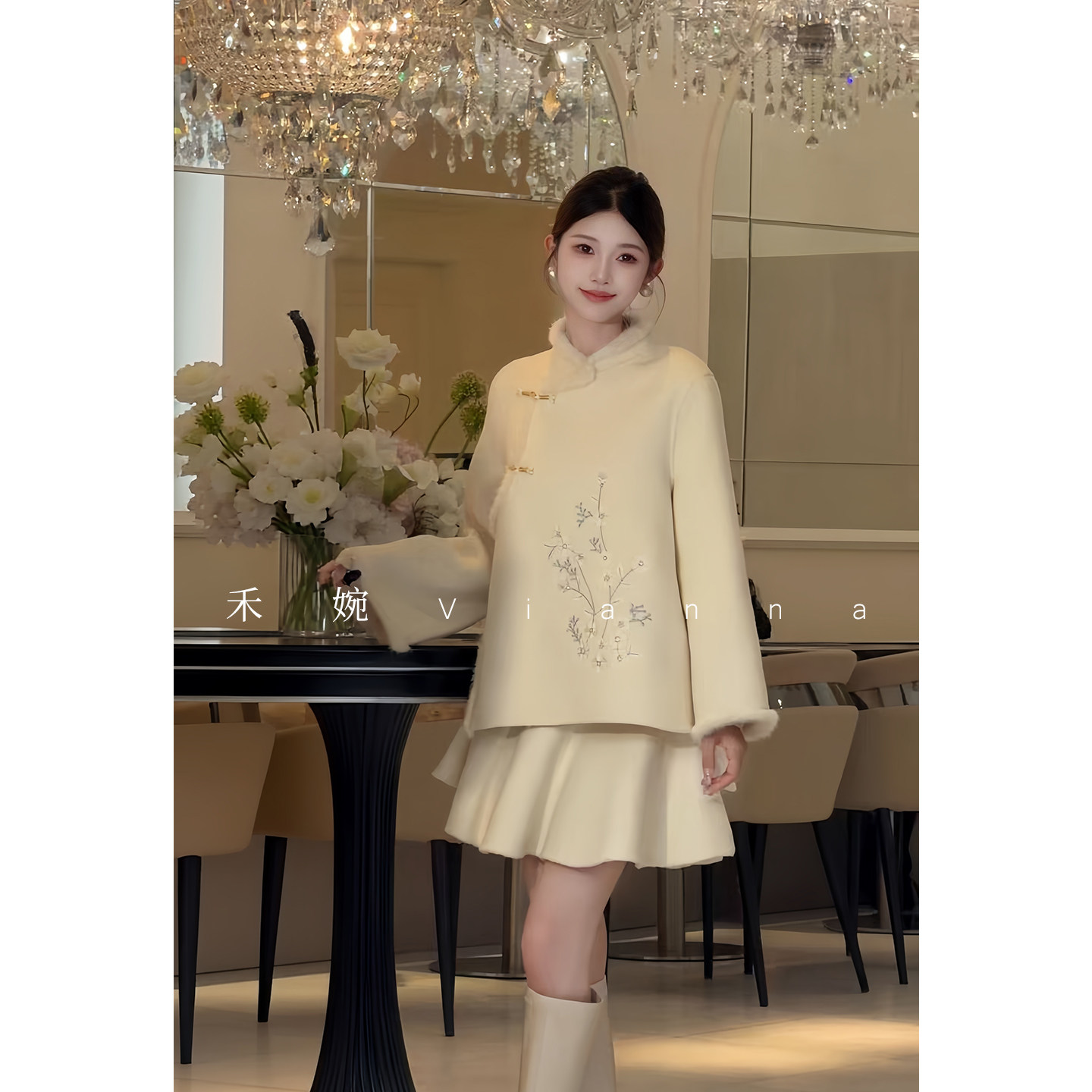 禾婉【蕙质兰心】 绵羊毛双面呢套装女新中式毛呢外套国风两件套