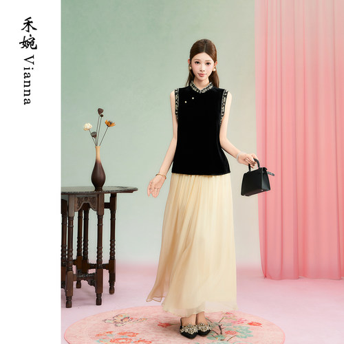100桑蚕丝新中式丝绒马甲夏季