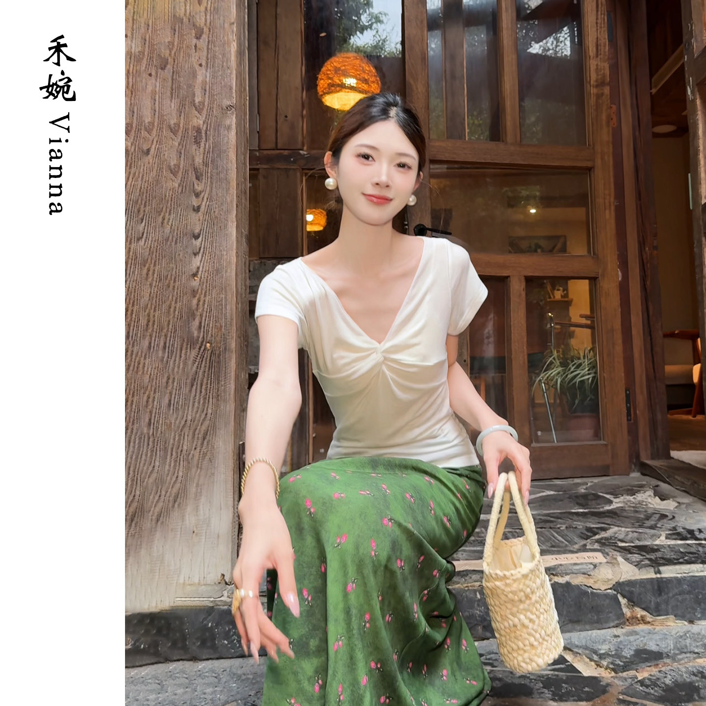 禾婉【水感乳霜衣】“天丝羊毛”针织衫女扭扭teeV领短袖显瘦上衣