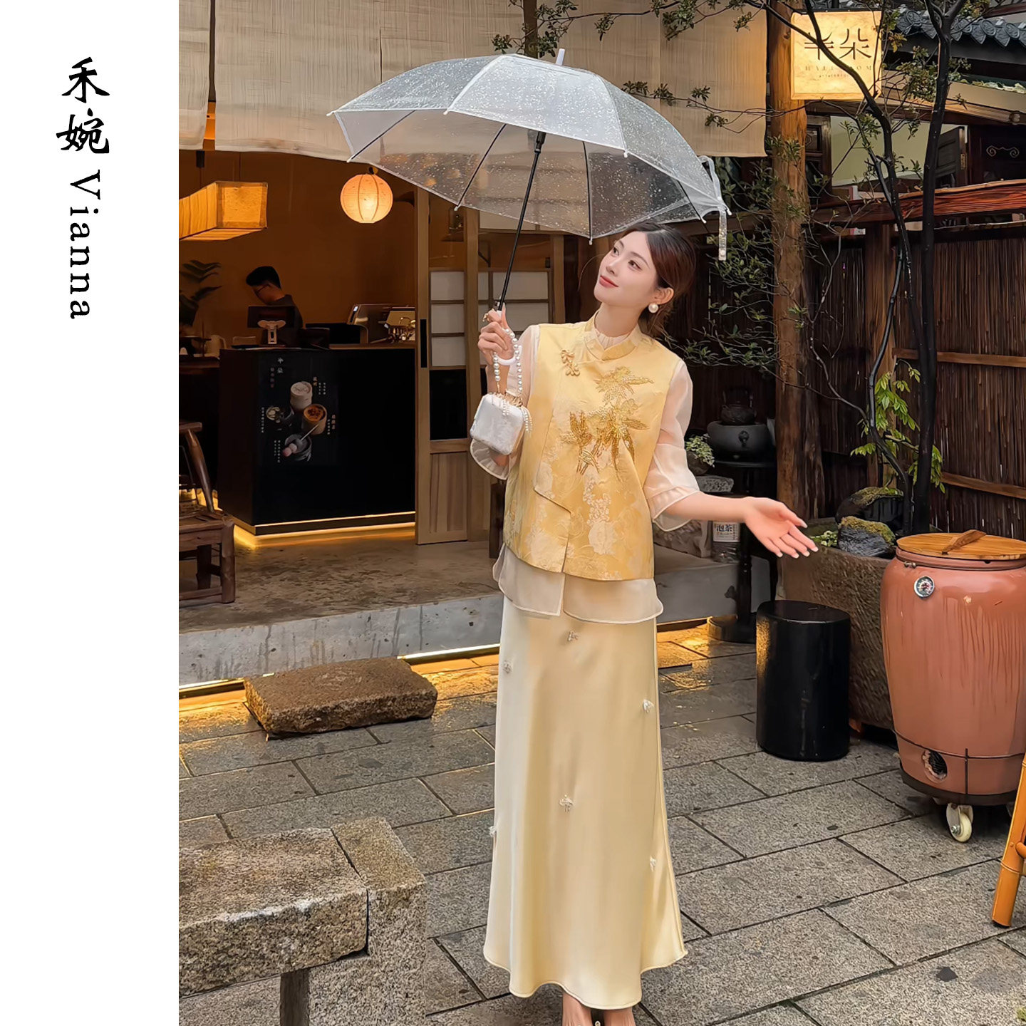 禾婉【静色流光】新中式刺绣缎面半身裙女春款国风纯色氛围感长裙