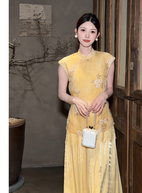 禾婉【夏萤】新中式珠绣织金连衣裙女巨好看假两件马甲网纱裙子