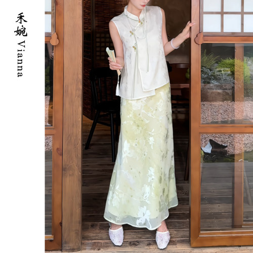 新中式提花朦胧碎花鱼尾裙