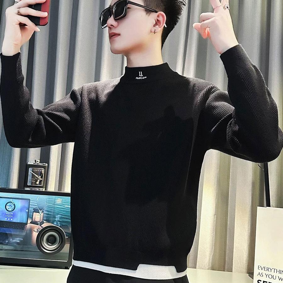 男士毛衣秋冬款潮牌痞帅半高领针织衫男款2024新款加绒内搭打底衫