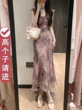 2024新款 蝴蝶印花荷叶边连衣裙子女收腰气质设计感度假风长裙夏季