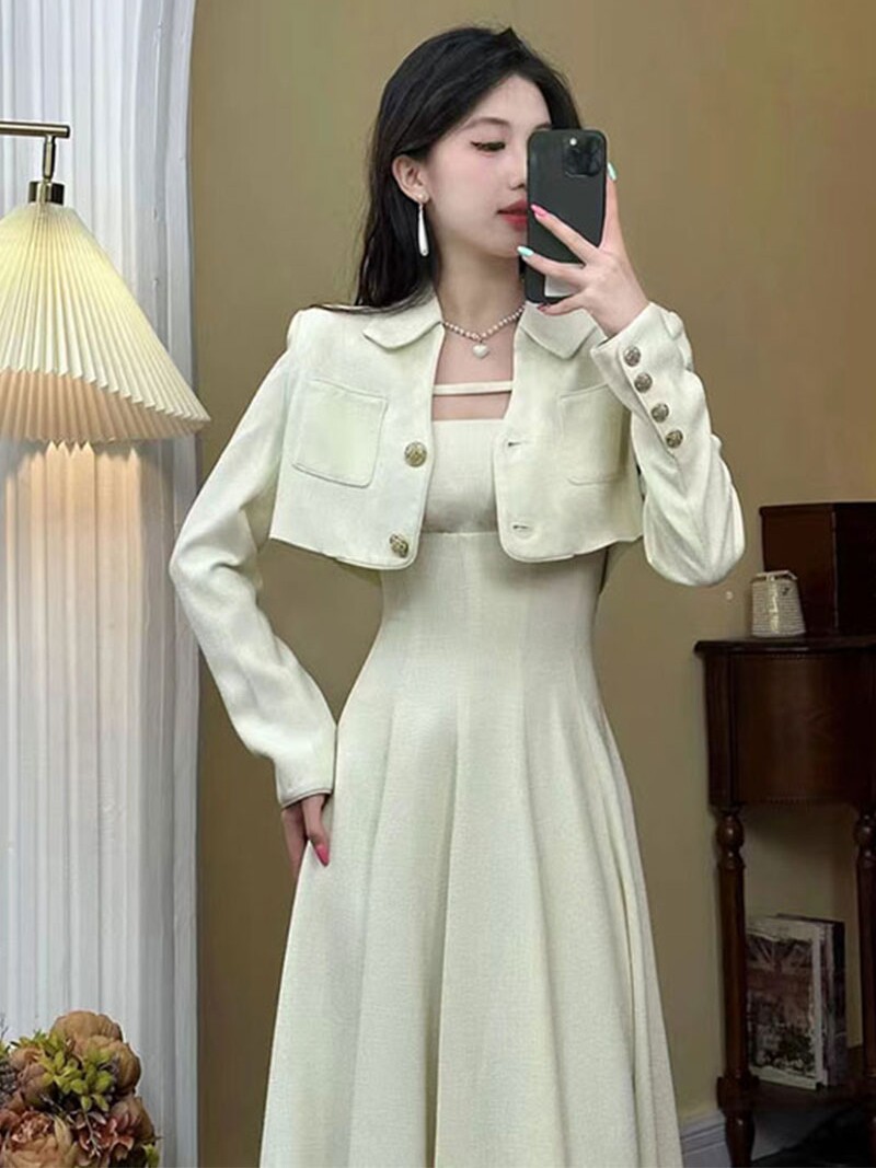 키가 큰 프랑스 부자 딸 샤오샹 스타일의 고급 가을 겨울 투피스 세트 스커트와 여분의 길이