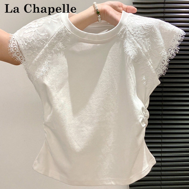 拉夏贝尔蕾丝拼接圆领短袖t恤女2026夏季褶皱收腰小飞袖短款上衣