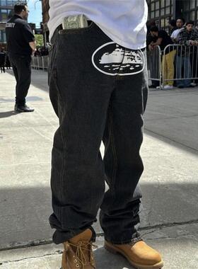 Corteiz 新款时尚百搭岛屿黑色牛仔长裤直筒宽松嘻哈男女款潮美式