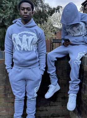 SYNA秋冬季潮牌百搭半身发泡印花长袖长裤灰白套装嘻哈街头男女款